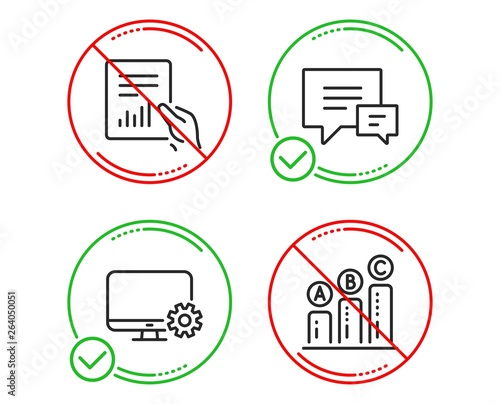 Do or Stop. Monitor settings, Comment and Document icons simple set. Graph chart sign. Service cogwheel, Talk bubbles, File with diagram. Growth report. Technology set. Line monitor settings do icon