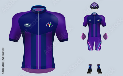 3D realistic of front of blue stripe cycling jersey t shirt with pants and helmet on shop backdrop. Concept for fashion of cyclist uniform or apparel mockup template in vector illustration 