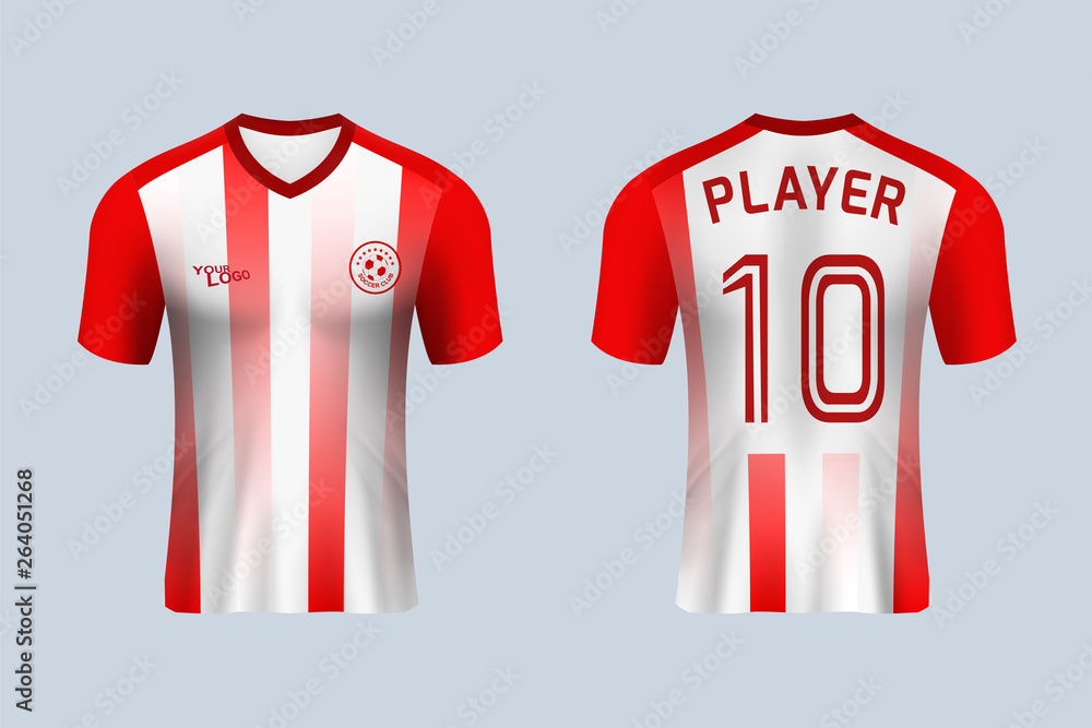 3D realistic mock up of front and back of red stripe soccer jersey t-shirt  . Concept for football team uniform or apparel mockup template in design  vector illustration Stock Vector | Adobe