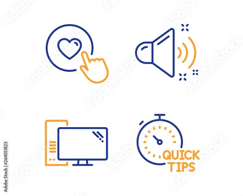 Loud sound, Computer and Like button icons simple set. Quick tips sign. Music, Pc component, Press love. Helpful tricks. Technology set. Linear loud sound icon. Colorful design set. Vector