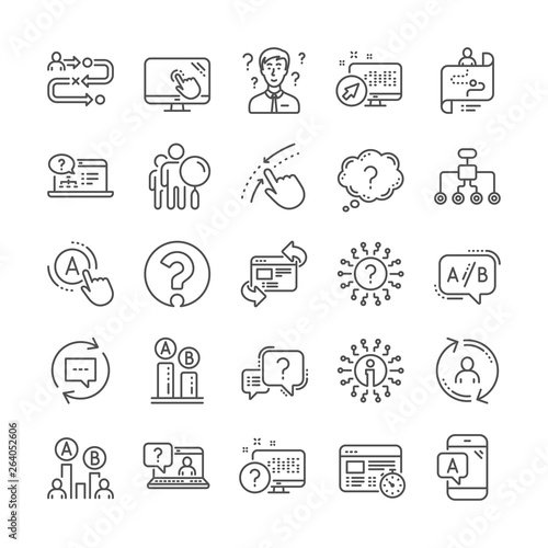 UX line icons. Set of Question mark, AB testing and Journey path map icons. Usability quiz test, Ux Ui and User flow. Project process, ab testing graph, survey test results. Quiz question. Vector