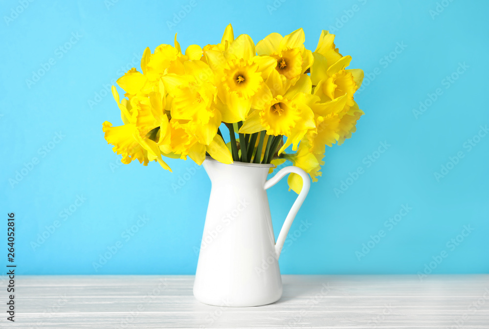 Bouquet of daffodils in jug on table against color background. Fresh spring flowers