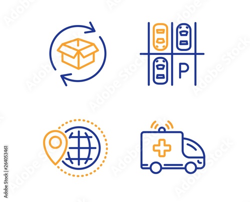 World travel, Return parcel and Parking place icons simple set. Ambulance car sign. Map pointer, Exchange of goods, Transport. Emergency transport. Transportation set. Linear world travel icon