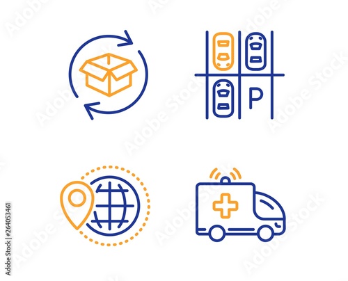 World travel, Return parcel and Parking place icons simple set. Ambulance car sign. Map pointer, Exchange of goods, Transport. Emergency transport. Transportation set. Linear world travel icon © blankstock