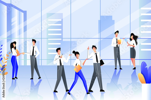 Business people in modern building of corporate office. Team communication, meetings, work process. Vector illustration