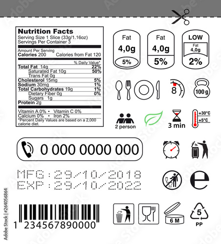 Packaging icon set. Nutrition facts. Vector elements. Ready for use in your design. EPS10