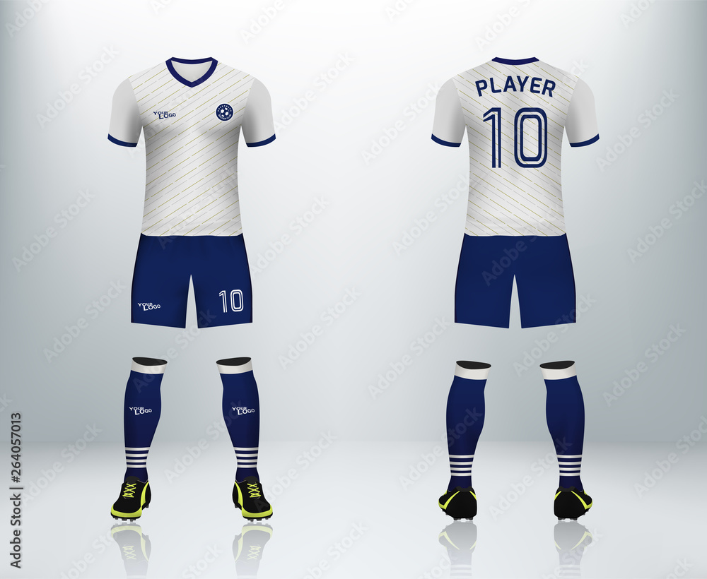 3D realistic mock up of front and back of soccer jersey shirt. Concept for  soccer team uniform or football apparel mockup. white soccer kit t-shirt  template design in vector illustration. Stock Vector