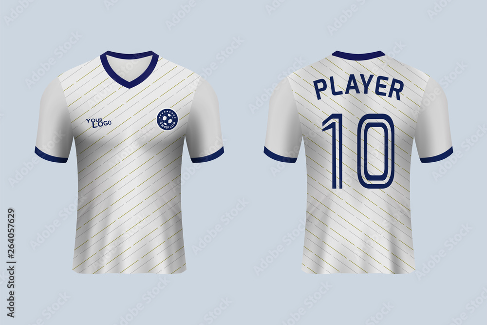 Naklejka premium 3D realistic mock up of front and back of white soccer jersey t-shirt . Concept for football team uniform or apparel mockup template in design vector illustration