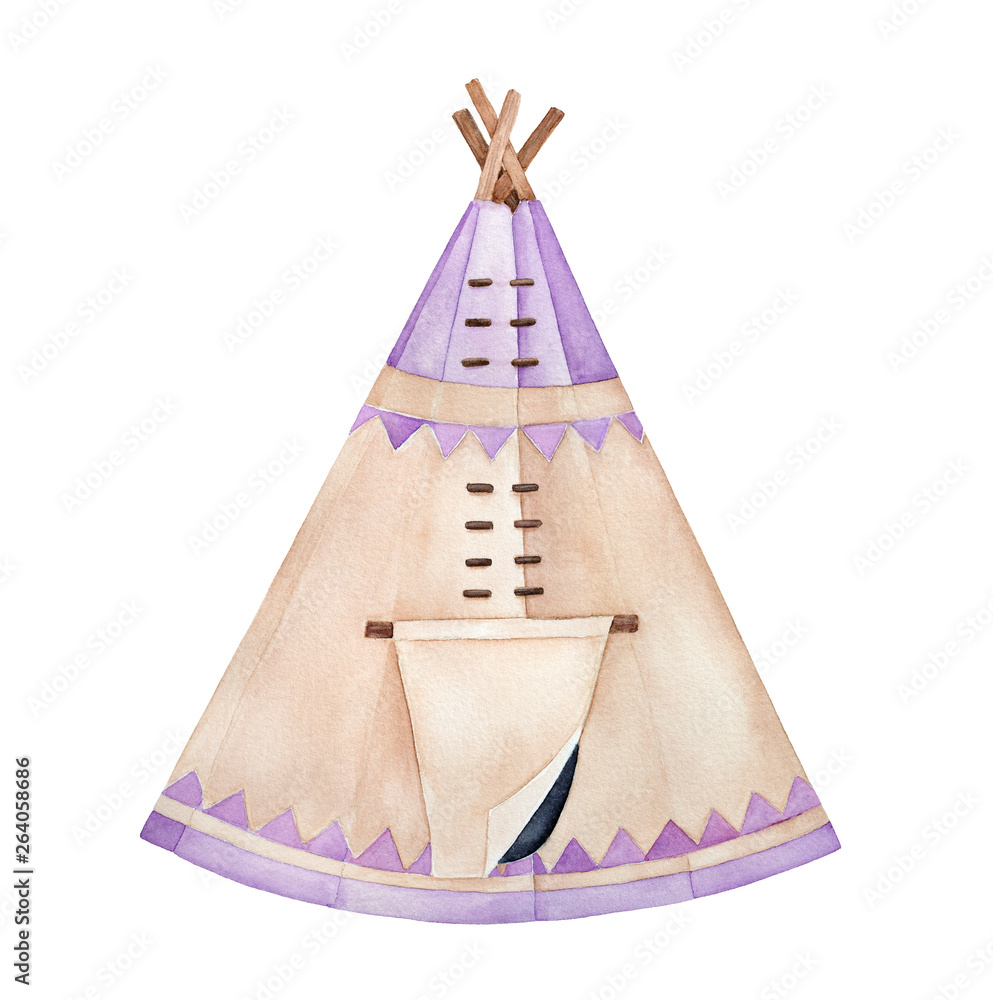 Traditional light brown tipi with wooden poles and cover, decorated with  pastel purple triangle ornament. North America's indian tent. Handdrawn  watercolour drawing, cutout clipart element for design. Stock Illustration