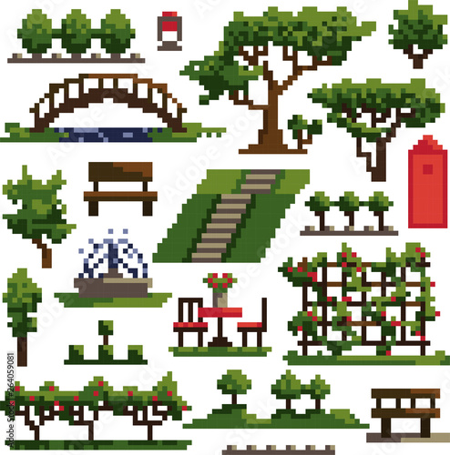 Element collection for pixel park isolated on white background. Simple vector illustration in pixel art style.