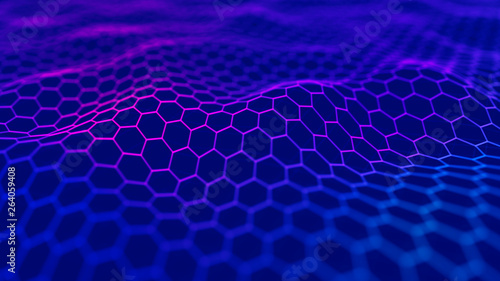Futuristic blue hexagon background. Futuristic honeycomb concept. Wave of particles. 3D rendering. © Vadym