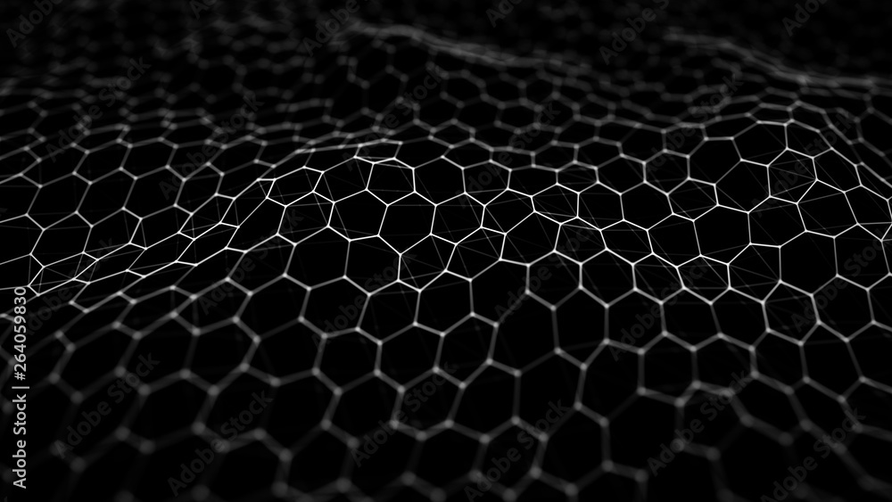 Futuristic black hexagon background. Futuristic honeycomb concept. Wave of particles. 3D rendering. Futuristic black hexagon background. Futuristic honeycomb concept. Wave of particles. 3D rendering.