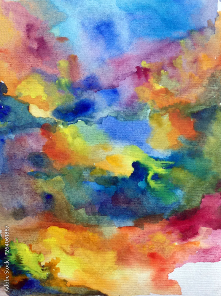 Watercolor abstract bright colorful textural background handmade . Painting of sky and clouds during sunset . Modern seascape . Shine