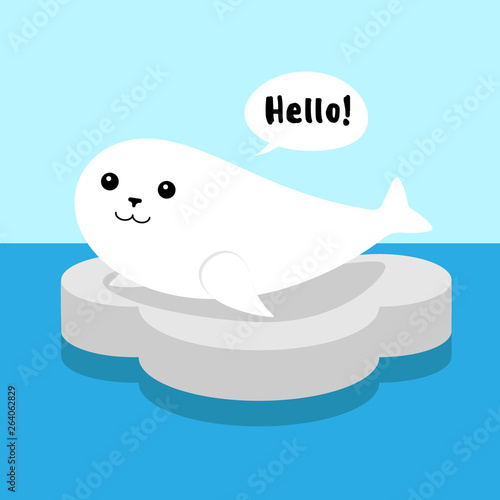 white cute flat cartoon seal on gray ice foal in blue sea saying hello
