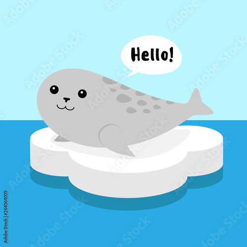 Cute flat cartoon vector gray sea dog seal smiling and saying hello on the white ice