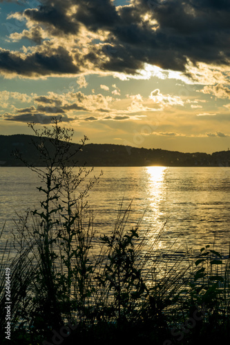 Sun reflecting in the waters of the Hudson River during sunset  inTarrytown  Upstate New York  NY