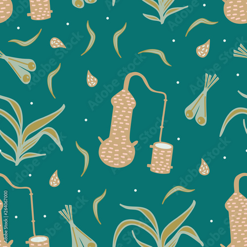 Lemongrass distillation and essential oil seamless pattern hand drawn vintage childish drawing background
