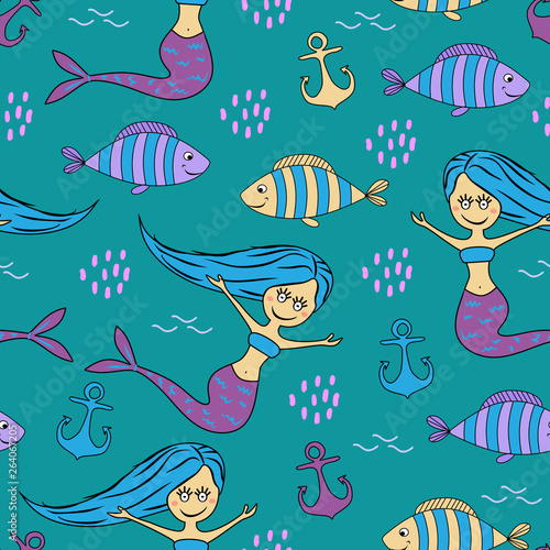 Hand drawn fish and mermaid...