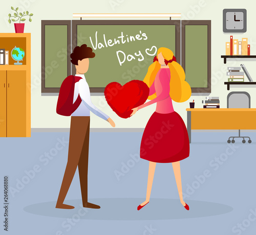Elementary School Girl Giving Big Red Heart to Boy