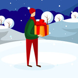 Young Guy in Winter Clothing Holding Present Box.