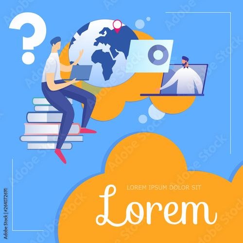 Student Sitting on Books Listen Teacher on Laptop.
