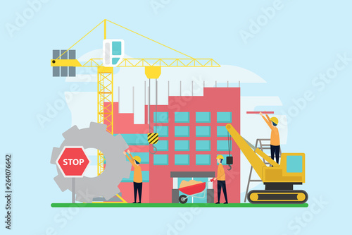 construction creative illustration vector of building graphics , small people in construction illustration vector , building architecture , building concept vector