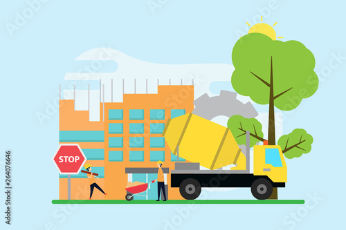 construction creative illustration vector of building graphics , small people in construction illustration vector , building architecture , building concept vector