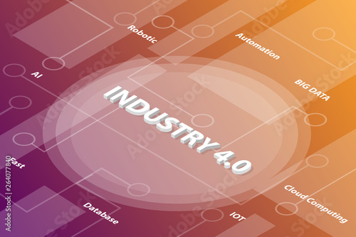 industry revolution 4.0 words isometric 3d word text concept with some related text and dot connected - vector