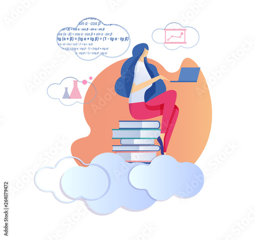 Woman Sitting on Pile of Books Study Mathematics
