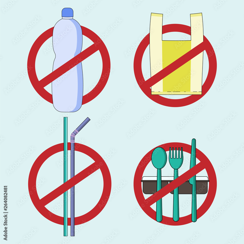 Stop using single-use plastic concept. Refuse and reduce plastic waste  metaphor. No symbols of disposable plastic product. Vector illustration  outline flat design style. Stock Vector | Adobe Stock
