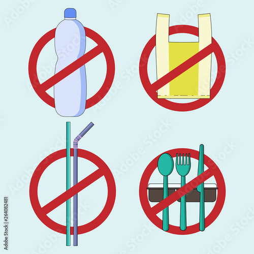 Stop using single-use plastic concept. Refuse and reduce plastic waste metaphor. No symbols of disposable plastic product. Vector illustration outline flat design style. 