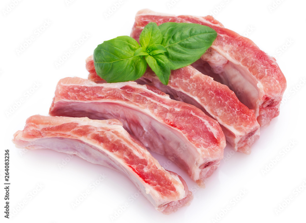 Raw pork ribs on white background. Fresh meat.