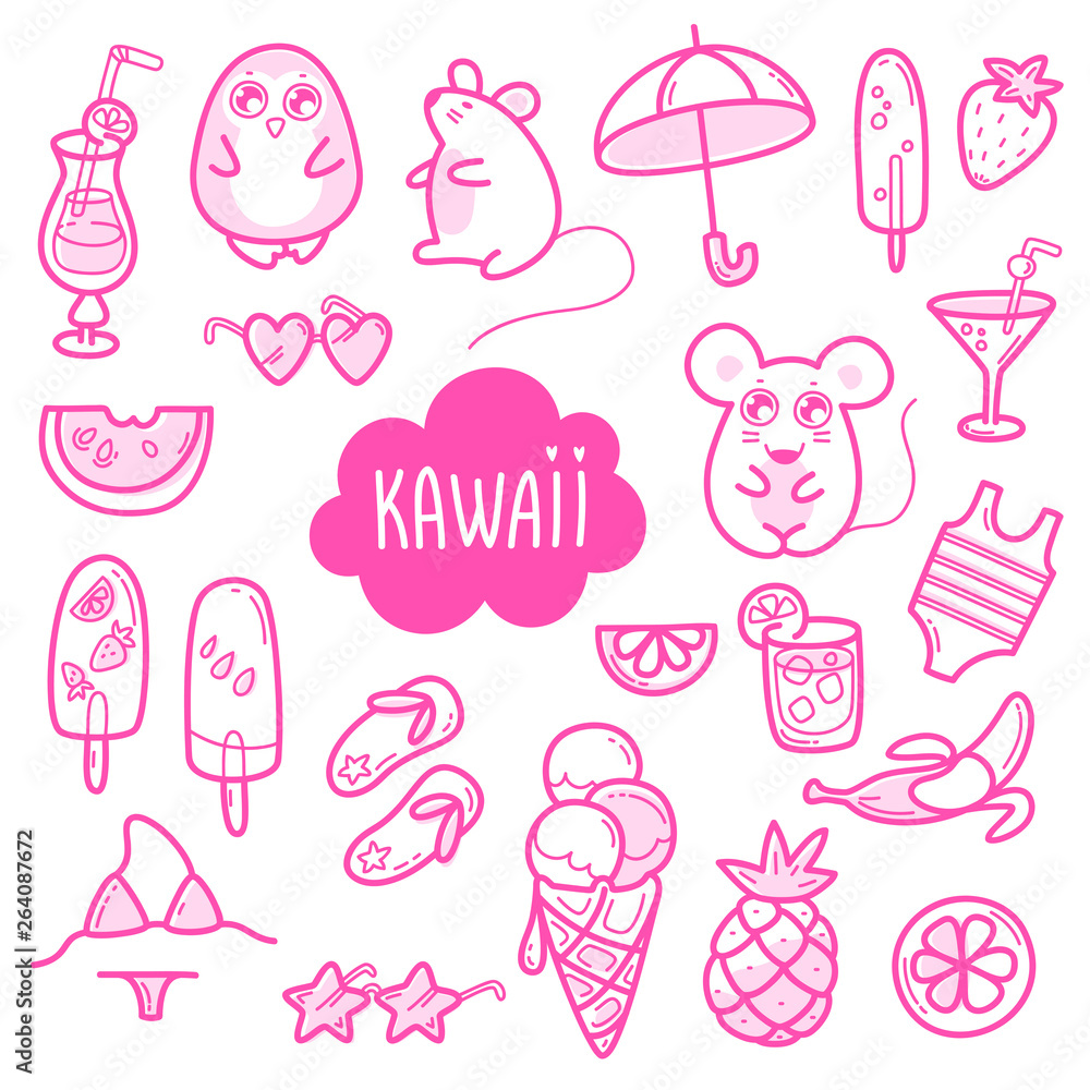 Kawaii cute collection of super cute animals penguin, mouse and summer sweet fruits, coctals and ice-cream and summer elements. Kawaii cute collection of super cute animals penguin, mouse and summer sweet fruits, coctals and ice-cream and summer elements.