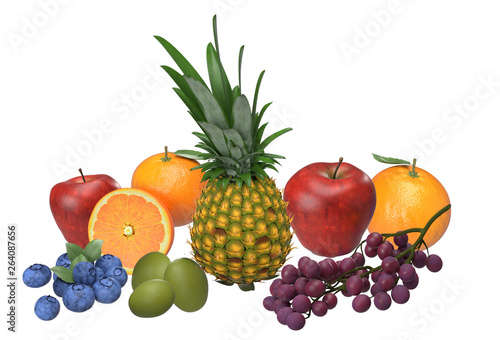 Fruits group , orange, pineapple, olive, blueberry and grape