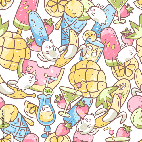 Kawaii cute seamless pattern with summer sweet food, ice-cream, fruits and coctails and funny characters jumping between desserts. 