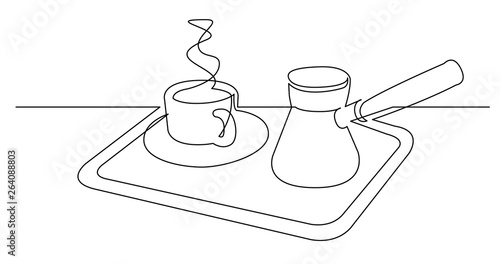 continuous line drawing of hot fresh cup of coffee and jezve on tray