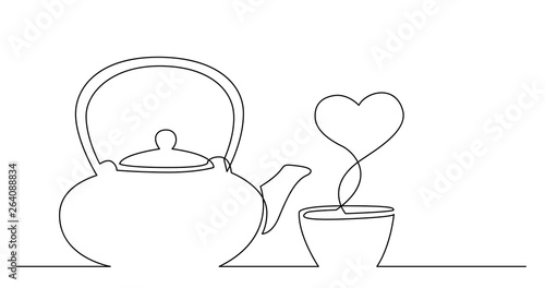 continuous line drawing of tea kettle and cup of tea with heart shape vapor