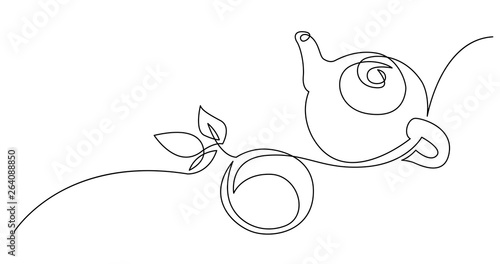 continuous line drawing of tea pot with tea leaves and cup