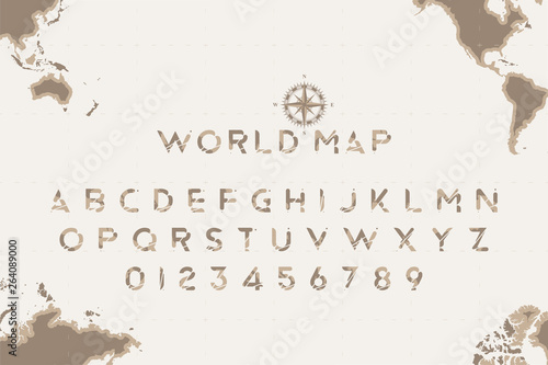 Original Font in the form of a World Map with a retro compass on the background. Latin letters and numbers for tourism and travel.