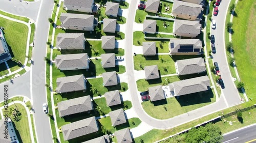 Zoom out and flight over homes with green lawns, beautiful neighborhood photo