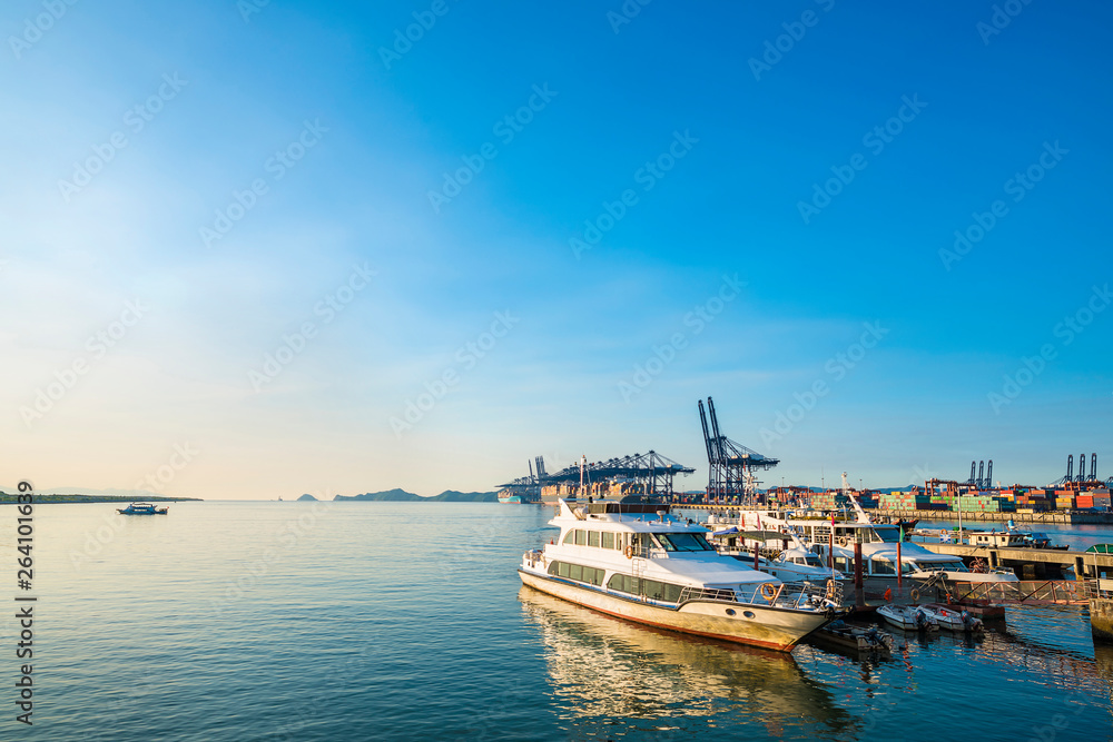 Industrial port container crane with a cruise ship