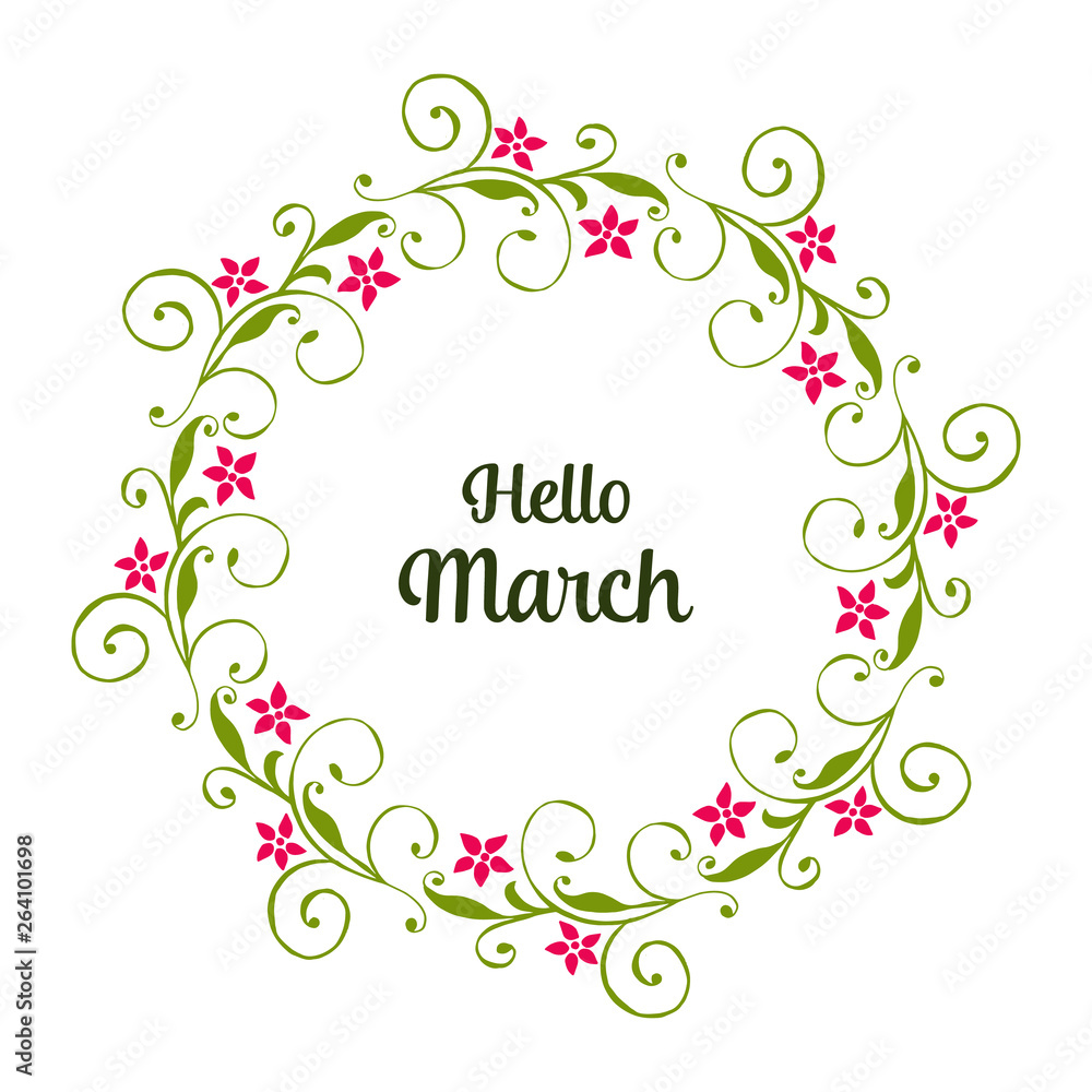 Vector illustration greeting card hello march with blossom flower frame