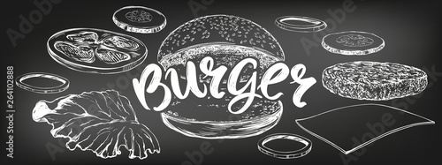burger, hamburger hand drawn vector illustration sketch. chalk menu. retro style