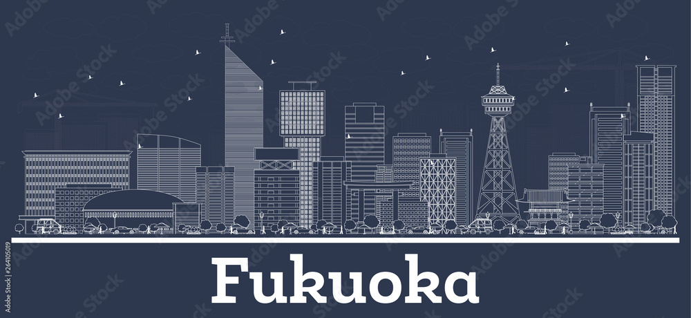 Outline Fukuoka Japan City Skyline with White Buildings.