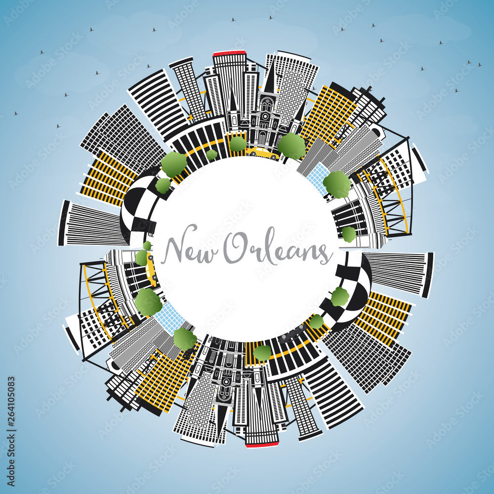 New Orleans Louisiana City Skyline with Gray Buildings, Blue Sky and Copy Space.