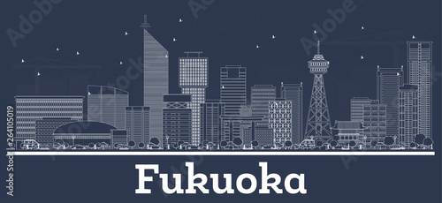 Outline Fukuoka Japan City Skyline with White Buildings.