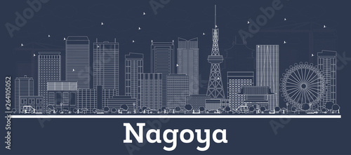 Outline Nagoya Japan City Skyline with White Buildings.