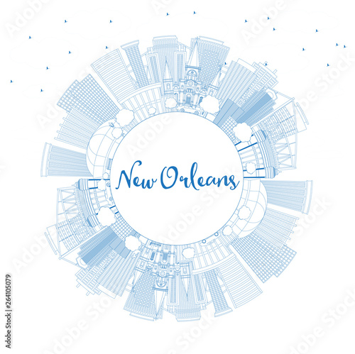 Outline New Orleans Louisiana City Skyline with Blue Buildings and Copy Space.
