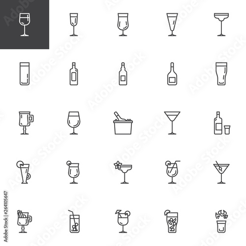 Cocktails line icons set. linear style symbols collection, outline signs pack. vector graphics. Set includes icons as alcoholic drinks, ice tea glass, beverage, wine bottle, hot shot, mojito drink 