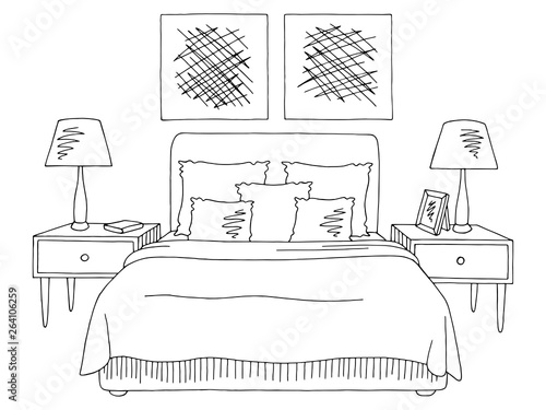 Bedroom graphic black white home interior sketch illustration vector